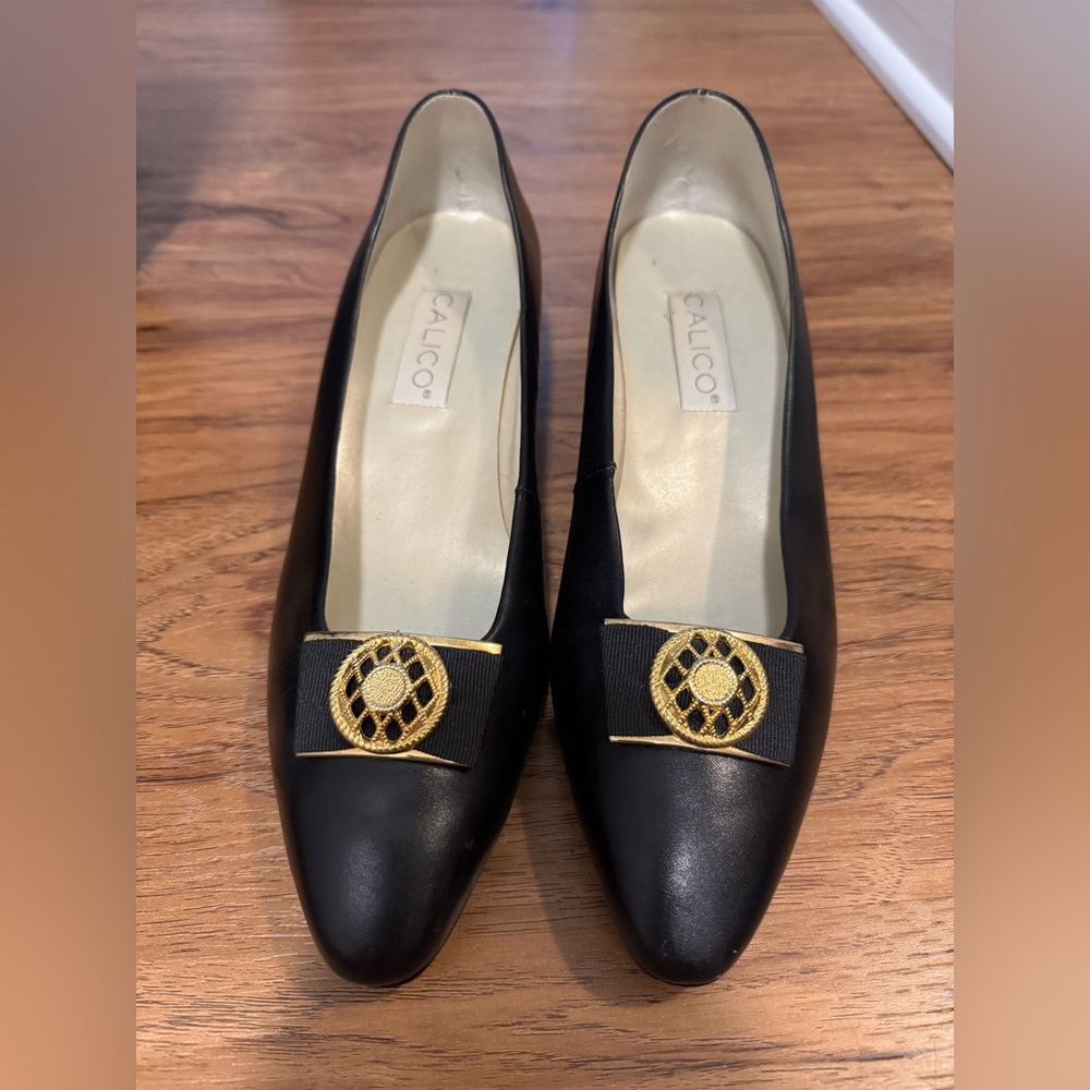 Calico Rare Vintage 80s black leather Gold Granny Grandmacore Shoes pumps 10.